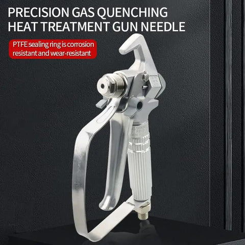 Heavy Duty Airless Paint Spray Gun Packing 3600 Psi With A Wide 517 Tip For Smooth As Glass Finishes, showing metal body and trigger.