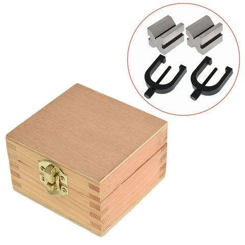 Pro Grade Hardened Steel V Block Set With 90 Degree V Grooves For Precision Layout, Processing And Inspection, 1-5/8 x 1-1/4 x 1-1/4 Inch, Includes Two V Blocks, Clamps, And Sturdy Wooden Box. Wooden box with two hardened steel V blocks and clamps