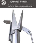 Close-up of Seed Sower And Fertilizer Applicator For Gardens, slender pointed tip design, galvanized steel construction, tool mechanism