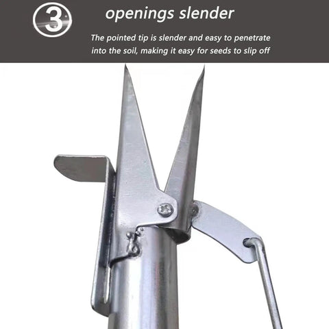 Close-up of Seed Sower And Fertilizer Applicator For Gardens, slender pointed tip design, galvanized steel construction, tool mechanism