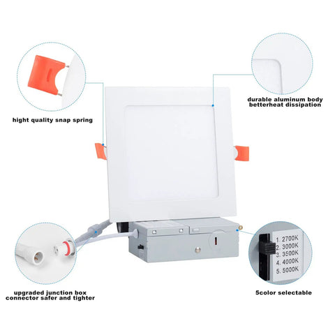 12 Pack 5 Inch Ultra Thin LED Square Can Light Retrofit With Junction Box Bangin Brightness 850 Lumens CRI85 Dimmable Features