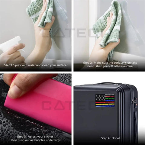 Step-by-step application guide for Heavy Duty Funny Chemical Spill Kit Vinyl Car Stickers 10 Pack on different surfaces.