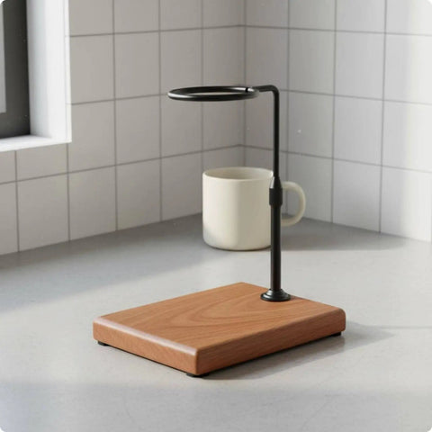 Sturdy Walnut Pour Over Coffee Stand With 360 Rotating Aluminum Arm Universal Dripper Holder on kitchen counter.