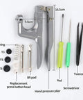 Bulk Snap Button Starter Kit With Pliers, 400 T5 Plastic No Sew Fasteners In 20 Colors, Aluminum Pliers, tools and sizes displayed