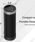 Portable Ceramic Space Heater With Remote Control, 3 Heat Settings 700W 1000W 1500W, shown with dimensions and design features