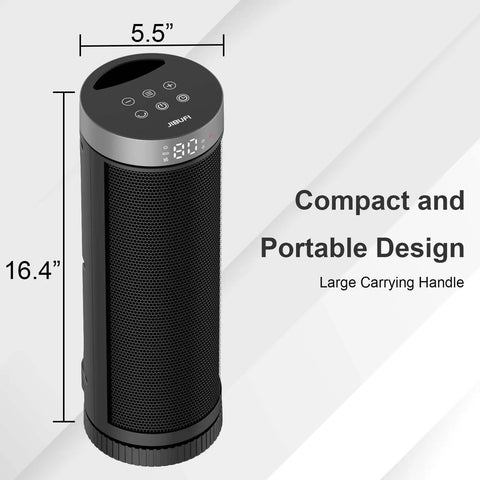 Portable Ceramic Space Heater With Remote Control, 3 Heat Settings 700W 1000W 1500W, shown with dimensions and design features