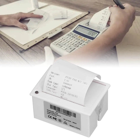 Rock Solid 58mm Thermal Receipt Printer Featuring Embedded Micro Usb And Ttl Serial Port Straight Up Plug And Play Setup on desk with printed receipt.