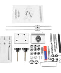 Top Notch FtVogue Dowelling Jig Made From 6061 Aluminum Alloy, Self Centering Drill Guide With 6 Mm 8 Mm And 10 Mm Bushings Perfect For Woodworking Joinery Projects Adjustable Capacity From 10 Up To 180 Mm Thick Boards, parts laid out