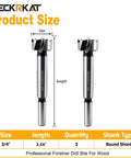 Real Deal Two Piece Three Quarter Inch Forstner Drill Bits Cut Smooth Flat Bottom Holes On Hard Or Soft Wood Without Ragged Edges Featuring A Rock Solid Three Eighth Inch Shank Made For Quick Heavy Duty Woodshop Work Any Maker Loves showing size and length details.