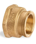 Side view of a brass reducing coupling 3/4 inch female to 1 inch female NPT thread for durable tight seal in piping.