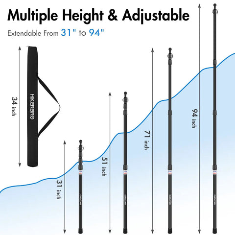 Diagram showing Telescoping Tarp Poles 4 Pack, Lightweight Aluminum Camping Poles With Adjustable Height From 2.67 To 7.67 Feet.