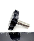 Side view of Three Eighths By One Inch Thumb Screw Bolts With Black Round Hex Head Clamping Knob And Plastic Cap Grip In 304 Stainless Steel