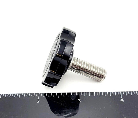 Side view of Three Eighths By One Inch Thumb Screw Bolts With Black Round Hex Head Clamping Knob And Plastic Cap Grip In 304 Stainless Steel