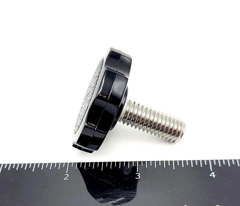 Top Shelf 3/8 Inch Thumb Screws With Ergonomic Round Hex Clamping Knobs 304 Stainless Steel Rust Resistant, black knob side view.