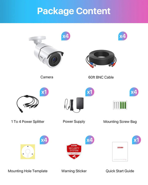 Package contents for 4 Pack 1080P HD TVI Security Cameras with 120ft Night Vision Waterproof CCTV Bullet Cameras for Home Security