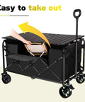 Heavy Duty Collapsible Wagon Cart Built Tough With Fold Out Table 500 Lb Capacity 230L Large Wagon With 360 Degree Swivel Brakes Wheels And 2 Cup Holders Portable Utility Cart For Shopping Camping Beach Garden And Fishing with a fold-out table