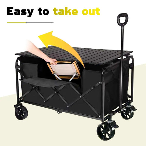 Heavy Duty Collapsible Wagon Cart Built Tough With Fold Out Table 500 Lb Capacity 230L Large Wagon With 360 Degree Swivel Brakes Wheels And 2 Cup Holders Portable Utility Cart For Shopping Camping Beach Garden And Fishing with a fold-out table