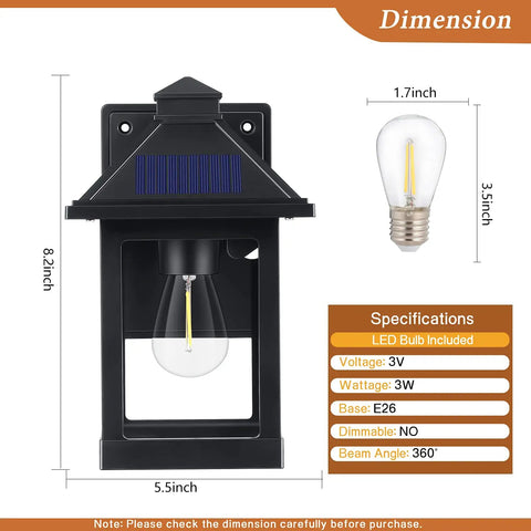 Two Pack Solar Motion Sensor Outdoor Wall Lanterns For Dusk To Dawn Porch Lighting with dimensions and LED bulb specifications