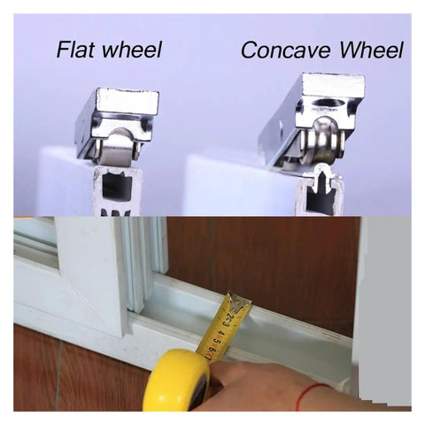 Flat and concave wheels of Heavy Duty Zinc Alloy Sliding Door Pulleys With Double Wheel Track Rollers for smooth gliding.