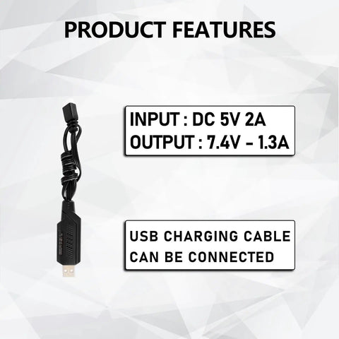 USB charging cable with specifications for 7.4V 360mAh LiPo RC Battery Pack With JST MJ PH2.0 MX2.0 Discharge Plug For SCX24 And WLtoys Rigs Power Up Your RC Cars Trucks Crawlers Boats Drones A Budget Friendly Rechargeable 2S Battery Upgrade.