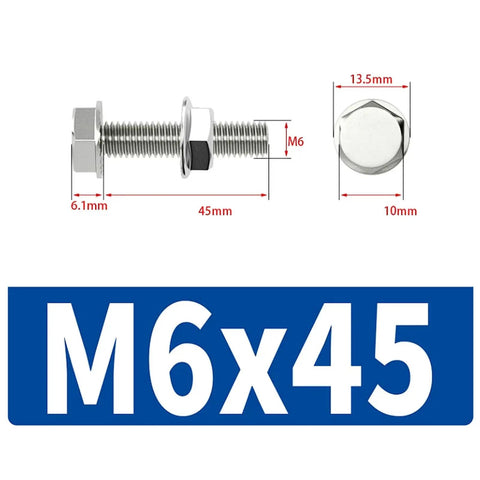 Profile of Stainless Steel M6x45 bolt and nut showing dimensions for External Hex Head Flange Bolts And Nuts Kit 20 Sets.