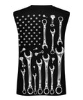 Mens Sleeveless Crew Neck Muscle Tank Top With A Fire Car Mechanic American Flag Print, featuring tools graphic on back.