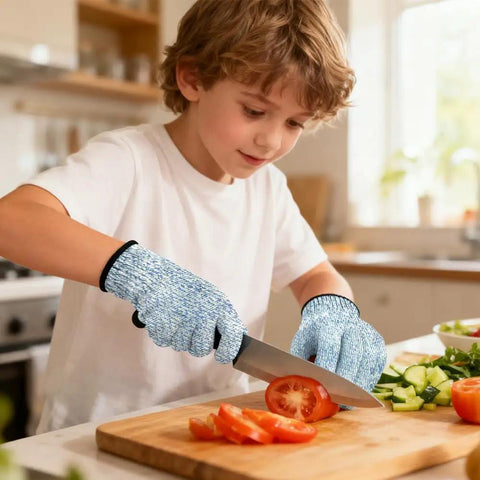 Child using knife in kitchen wearing blue 4 Pcs Cut Resistant Kids Gloves Ages 8 To 12 Level 5 Protection Food Grade Kid Safe