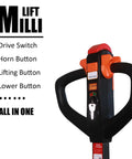 Close-up of Millilift electric pallet jack control handle with drive switch, horn, lift and lower buttons.