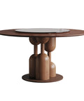 High Grade Oak Wabi Sabi Round Dining Table With 35 Inch Tempered Glass Lazy Susan And Walnut Detail, showcasing wooden construction and elegant design.