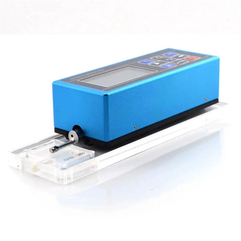 Professional Grade Handheld Surface Roughness Tester With Portable Digital Interface and Straight Up Smooth Measurements for Rapid Factory Floor Inspections or Bench Top Lab Setup, blue device with digital screen.