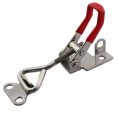 Beefy Four Pack 304 Stainless Steel Quick Clamp Locking Clips Latches Adjustable Buckles for cabinets with red non-slip handle.