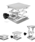 Front view: Wisamic lab jack scissor stand, stainless steel, 4x4 in platform, adjustable screw lift