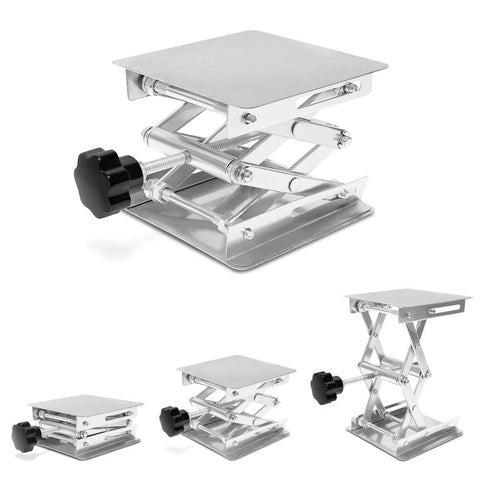 Front view: Wisamic lab jack scissor stand, stainless steel, 4x4 in platform, adjustable screw lift