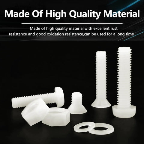 1275 Piece White Nylon Pan And Flat Head Machine Screw Assortment Kit With Phillips Cross Recessed Bolts Nuts And Washers visible screws and nuts on black background.