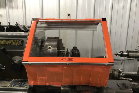 Metal Lathe Guard Hinged Chuck Shield For Up To 12 Inch Chucks, 18 Inch Wide OSHA Compliant Safety Shield installed on lathe