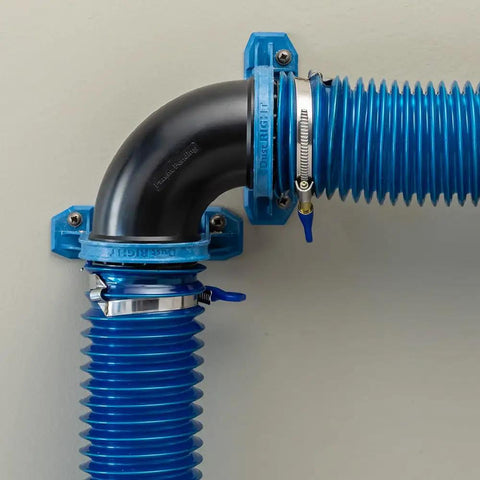 Ready Mount Two And A Half Inch 90 Degree Elbow Dust Collection Connector For Two Hoses Durable ABS Construction installed