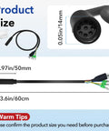 9 Pin Hub Motor Extension Cable Female Waterproof Connector For E Bike 12-72V 250-1000W Power Cable 60 Cm Length shown with dimensions