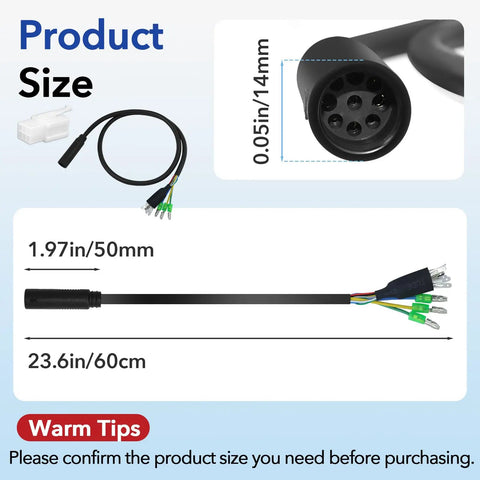 9 Pin Hub Motor Extension Cable Female Waterproof Connector For E Bike 12-72V 250-1000W Power Cable 60 Cm Length shown with dimensions