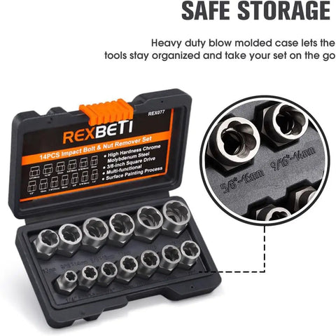 Impact Bolt And Nut Remover Set 14 Piece With Solid Storage Case Heavy Duty Bolt Extractor Tools Chrome Molybdenum Steel