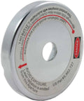 Close-up of Oshlun LG-M01 miter saw laser guide disc, gray metal with danger label and central hole.