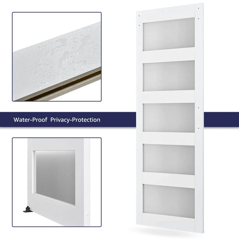 Five Panel Sliding Glass Barn Door Kit With Five Foot Hardware, Waterproof MDF And Frosted Glass For Privacy, Easy Assembly