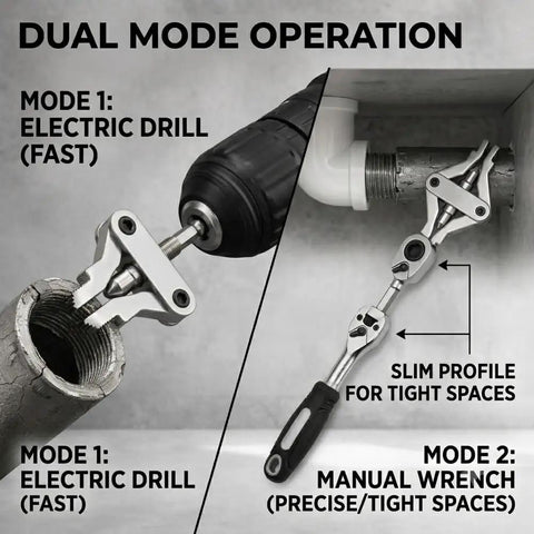 Heavy Duty Drill Powered Broken Pipe Thread Extractor Tool Set With Universal Compatibility For Plumbing Repairs To Spin Out Damaged Fittings Fast And Easy Saving You Plenty Of Time On Any Job, dual mode drill and wrench