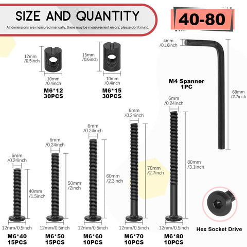 M6 Hex Socket Head Screws Bolts And Black Barrel Nuts Hardware Set 120 Pieces Assortment For Cribs Baby Beds Cots And Chairs 40mm 50mm 60mm 70mm 80mm Lengths Rust Resistant with M4 Spanner and hex drive detail