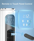 Turbocharged Evaporative Air Cooler Tower Fan With Remote showing control panel and remote control features