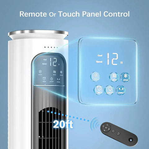 Turbocharged Evaporative Air Cooler Tower Fan With Remote showing control panel and remote control features