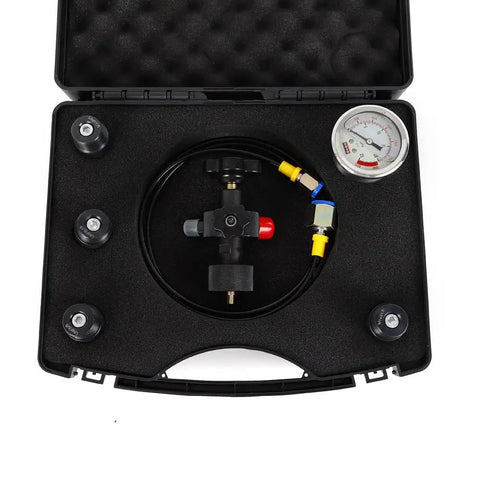 Pro Grade 3500 PSI Nitrogen Charging Hydraulic Accumulator Test Kit With Gas Hose And Gauge in black case, open view