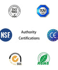 Six certification logos (NSF, ISO 9001, TÜV SÜD, CE, SGS, RoHS) for ESHIONG NSF-certified 3/8-in RO push-to-connect fittings.