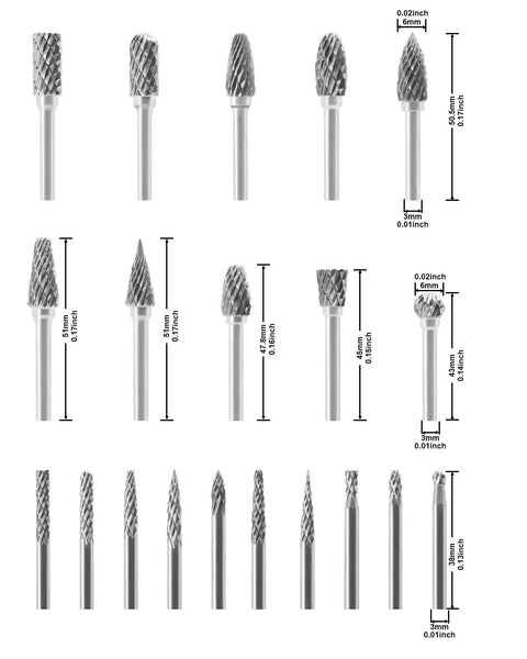 Pro Grade Tungsten Carbide Burr Set 20 Pc for rotary die grinder bits one eighth inch shank, double cut shown with size measurements