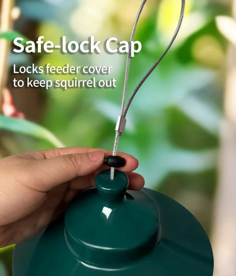 Close-up of safe-lock cap on Built Tough Squirrel Proof Bird Feeder With 4.8 Pounds Large Capacity And Weight Activated Mechanism Chew Proof Metal Construction For Outdoor Use Perfect For Finches Cardinals Chickadees And Other Small Birds.