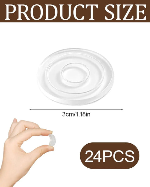 24 Pack Clear Silicone Rubber Feet For Cutting Boards And Kitchen Dishes No Slip Self Adhesive Pads shown with size 3cm